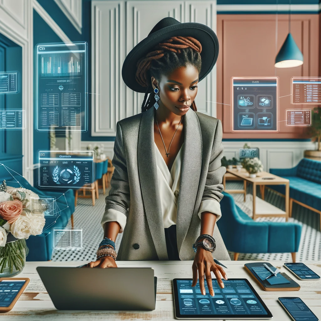 Black woman looking at data on multiple devices
