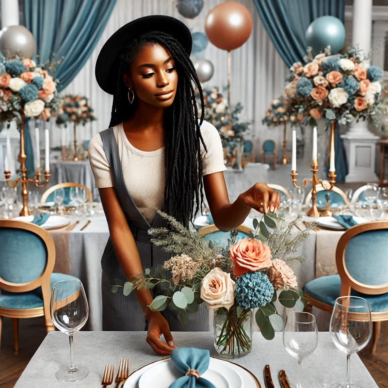 Black women arranging flowers for event