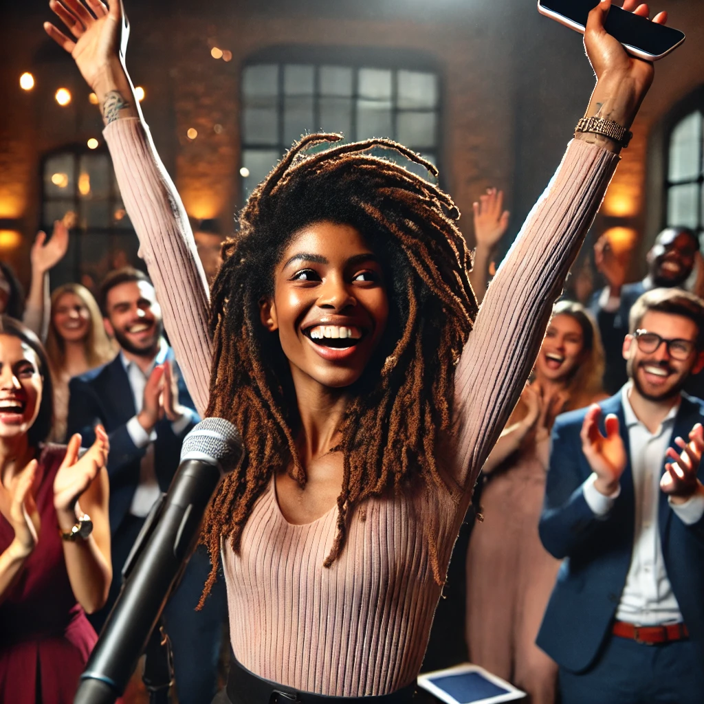 Black woman with locs hands up in celebration